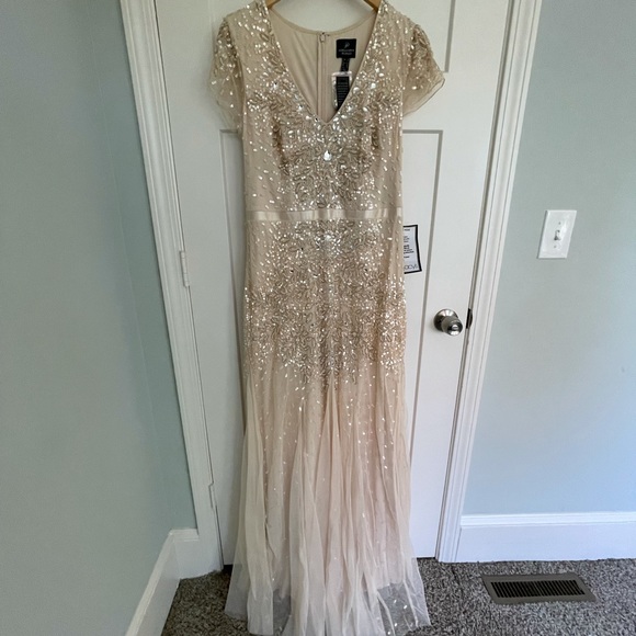 Sz 14 Adrianna Papell beaded chiffon floor-length gown, Almond color, NWT - Picture 2 of 15